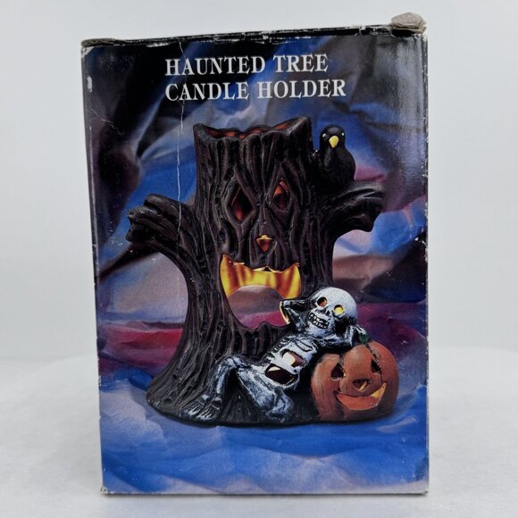 Vintage Halloween Haunted Tree Candle Holder With Skeleton Pumpkin 6.5" Tall - Picture 3 of 16